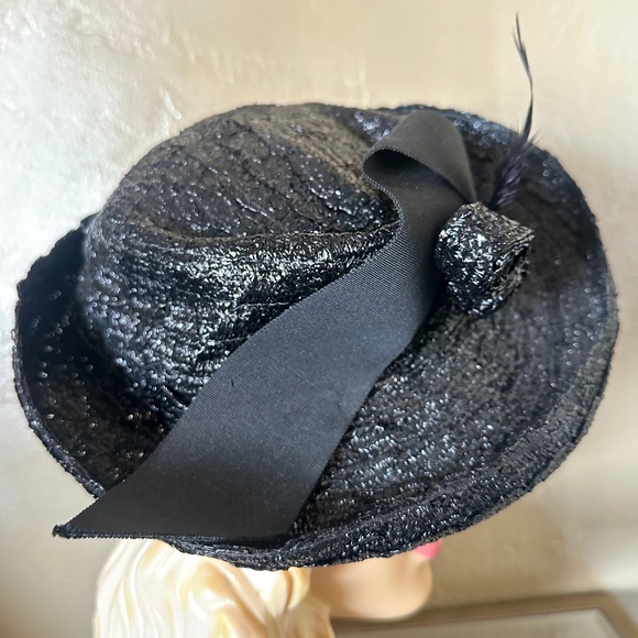 WINSOME 1940\'s STRAW WIDE BRIM FEDORA WITH GROSGRAIN BOW & STRAW BALLS main image 7